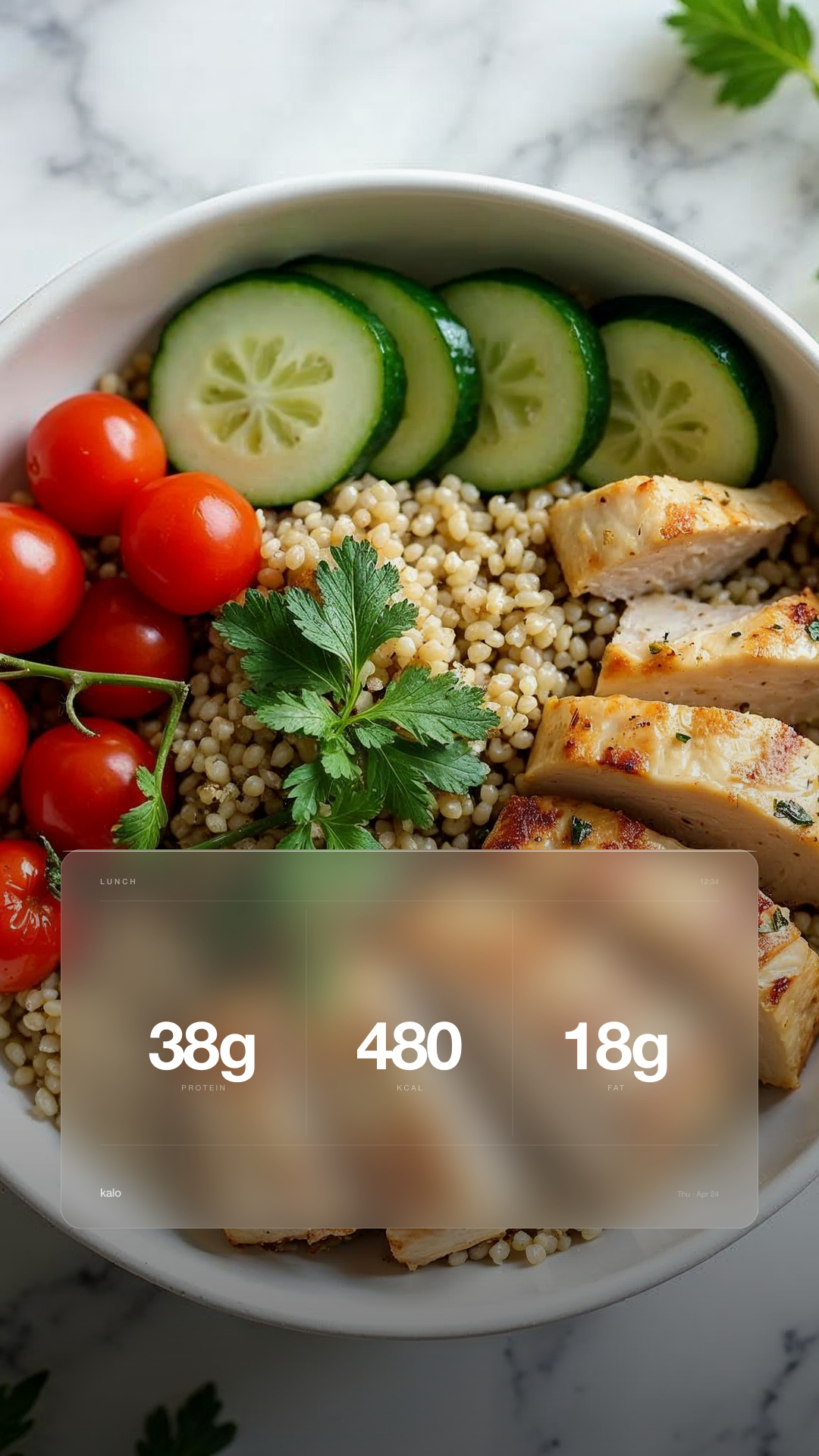 Kalo glass share card: frosted nutrition panel over a food photo showing 38g protein, 480 kcal, 18g fat, 94g carbs